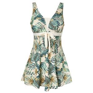 Ecupper Womens 4XL Green Swimsuit Swim Dress V-Neck Built-in Shorts Tropical New